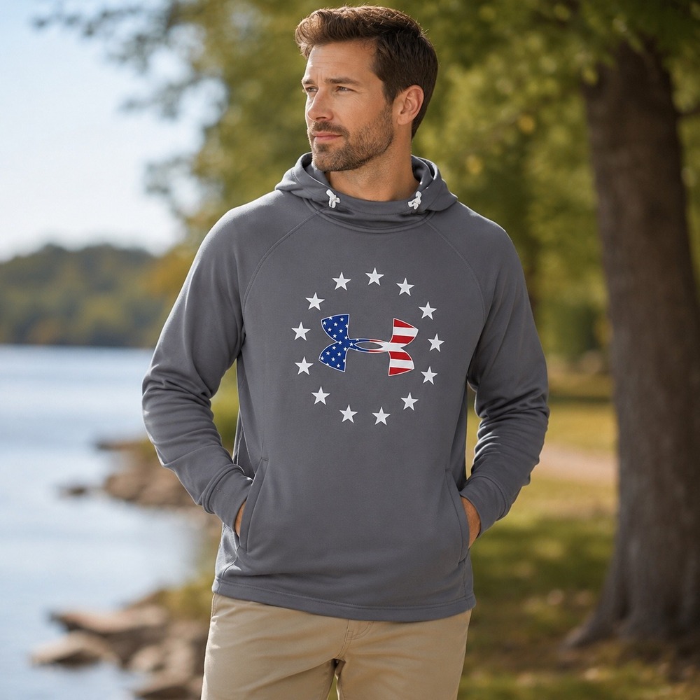 Under Armour Gray Hoodie Stars Flag Logo Athletic Mens MD‎ M